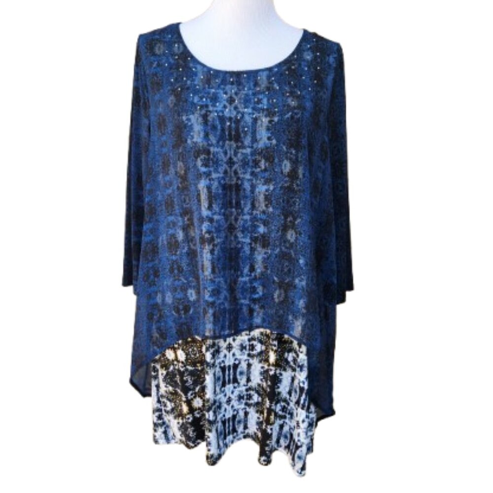 Style & Co Tunic Blouse Blue Abstract Print Layered Embellished 3/4 Sleeves